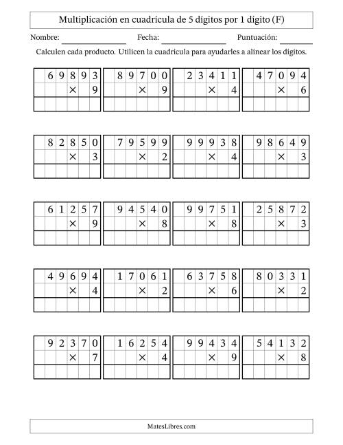 La hoja de ejercicios de Multiplicación con apoyo de cuadrícula de 5 dígitos por 1 dígito (F)