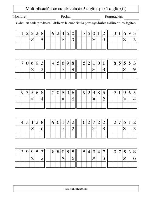La hoja de ejercicios de Multiplicación con apoyo de cuadrícula de 5 dígitos por 1 dígito (G)