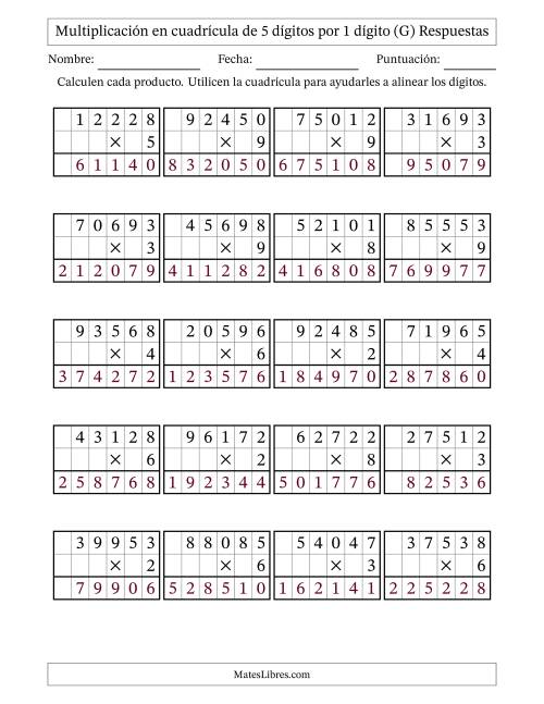 La hoja de ejercicios de Multiplicación con apoyo de cuadrícula de 5 dígitos por 1 dígito (G) Página 2