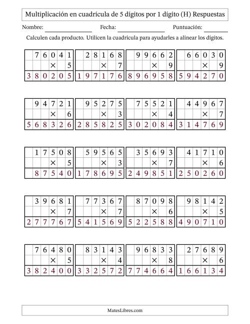 La hoja de ejercicios de Multiplicación con apoyo de cuadrícula de 5 dígitos por 1 dígito (H) Página 2