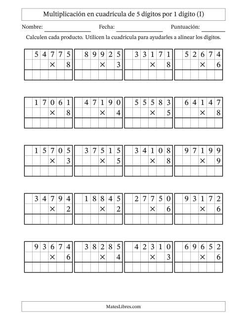 La hoja de ejercicios de Multiplicación con apoyo de cuadrícula de 5 dígitos por 1 dígito (I)