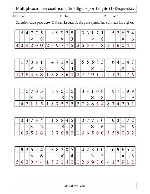 La hoja de ejercicios de Multiplicación con apoyo de cuadrícula de 5 dígitos por 1 dígito (I) Página 2