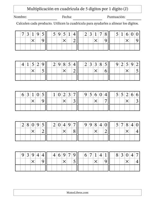 La hoja de ejercicios de Multiplicación con apoyo de cuadrícula de 5 dígitos por 1 dígito (J)