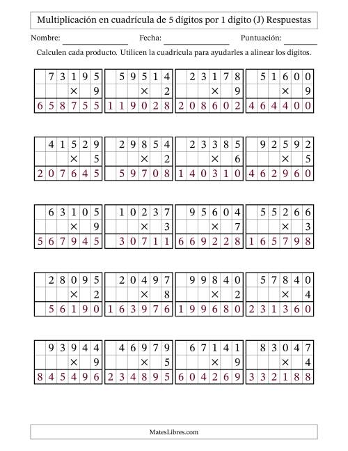 La hoja de ejercicios de Multiplicación con apoyo de cuadrícula de 5 dígitos por 1 dígito (J) Página 2