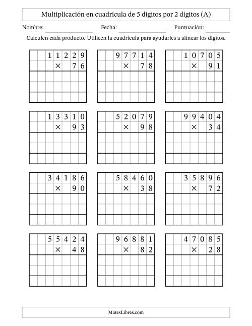 La hoja de ejercicios de Multiplicación con apoyo de cuadrícula de 5 dígitos por 2 dígitos (A)