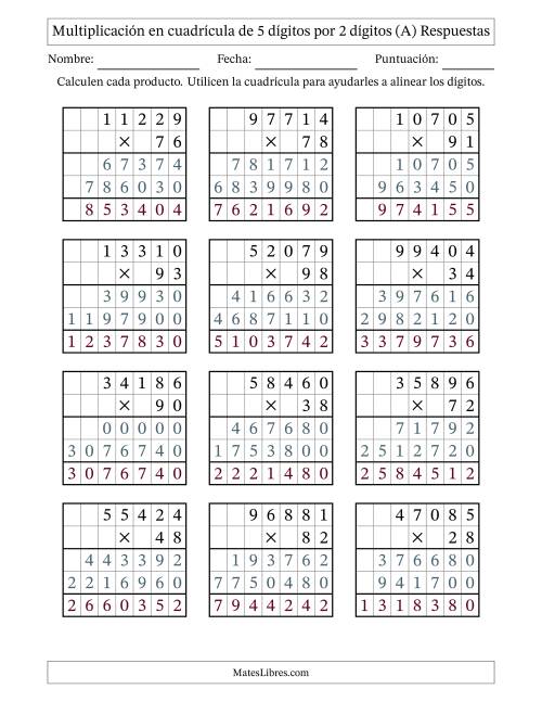 La hoja de ejercicios de Multiplicación con apoyo de cuadrícula de 5 dígitos por 2 dígitos (A) Página 2