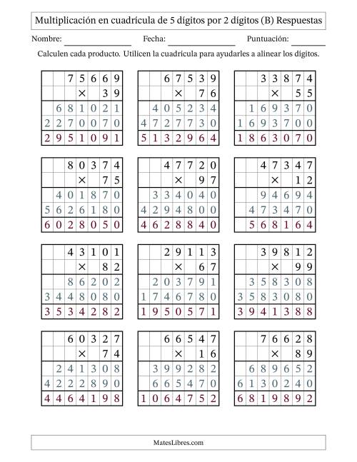La hoja de ejercicios de Multiplicación con apoyo de cuadrícula de 5 dígitos por 2 dígitos (B) Página 2