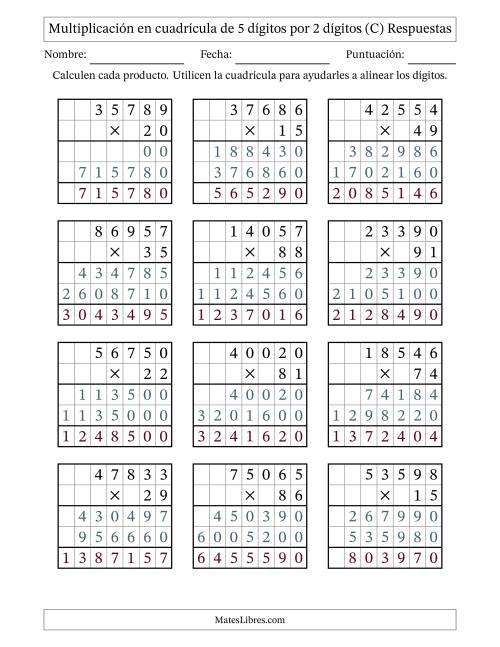 La hoja de ejercicios de Multiplicación con apoyo de cuadrícula de 5 dígitos por 2 dígitos (C) Página 2