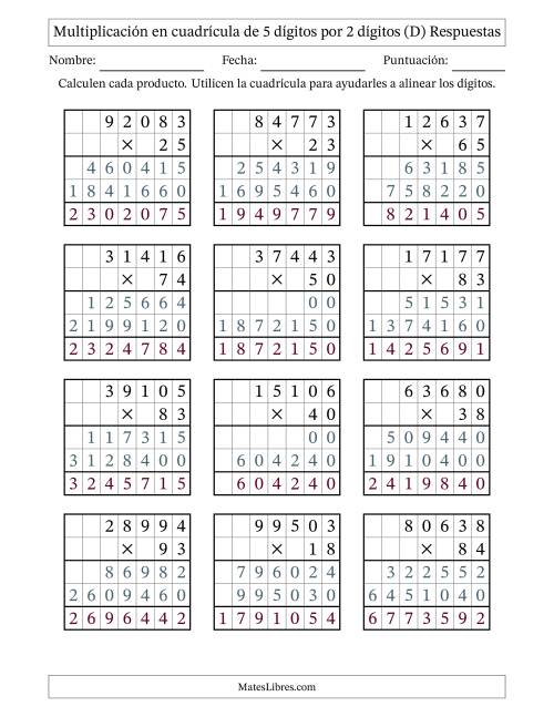 La hoja de ejercicios de Multiplicación con apoyo de cuadrícula de 5 dígitos por 2 dígitos (D) Página 2