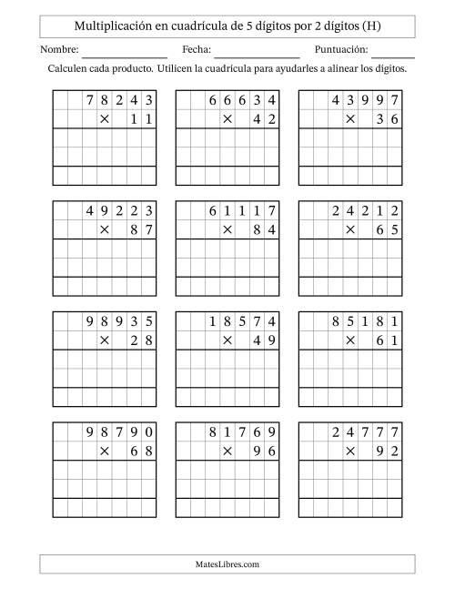 La hoja de ejercicios de Multiplicación con apoyo de cuadrícula de 5 dígitos por 2 dígitos (H)