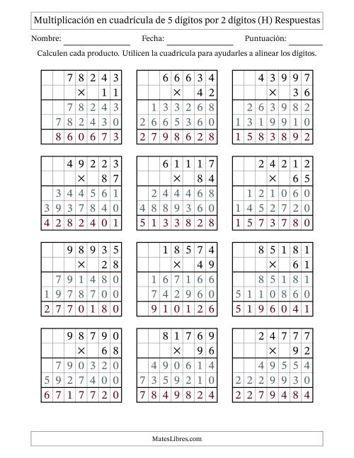 La hoja de ejercicios de Multiplicación con apoyo de cuadrícula de 5 dígitos por 2 dígitos (H) Página 2