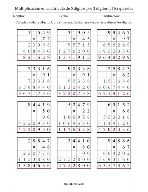 La hoja de ejercicios de Multiplicación con apoyo de cuadrícula de 5 dígitos por 2 dígitos (J) Página 2