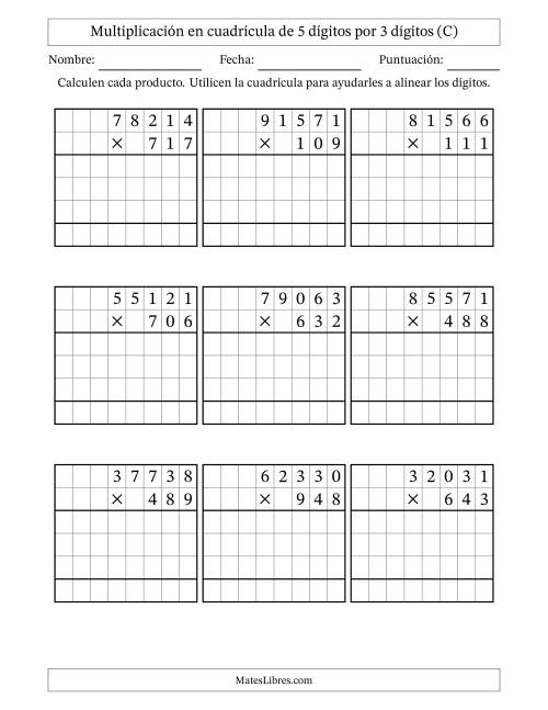 La hoja de ejercicios de Multiplicación con apoyo de cuadrícula de 5 dígitos por 3 dígitos (C)