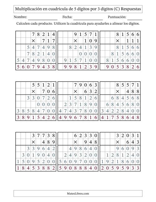 La hoja de ejercicios de Multiplicación con apoyo de cuadrícula de 5 dígitos por 3 dígitos (C) Página 2