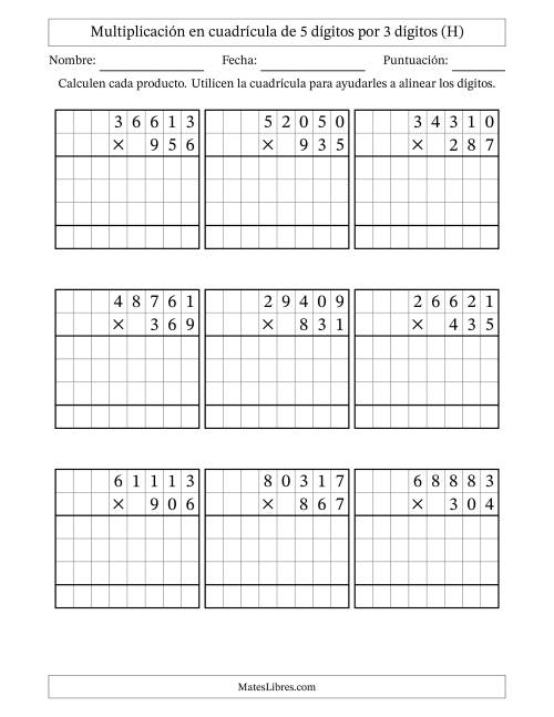 La hoja de ejercicios de Multiplicación con apoyo de cuadrícula de 5 dígitos por 3 dígitos (H)
