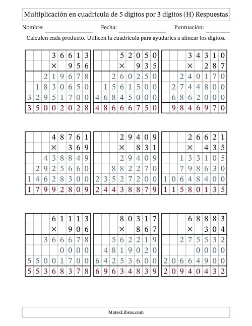 La hoja de ejercicios de Multiplicación con apoyo de cuadrícula de 5 dígitos por 3 dígitos (H) Página 2