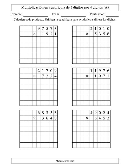 La hoja de ejercicios de Multiplicación con apoyo de cuadrícula de 5 dígitos por 4 dígitos (A)