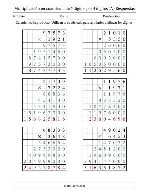 La hoja de ejercicios de Multiplicación con apoyo de cuadrícula de 5 dígitos por 4 dígitos (A) Página 2