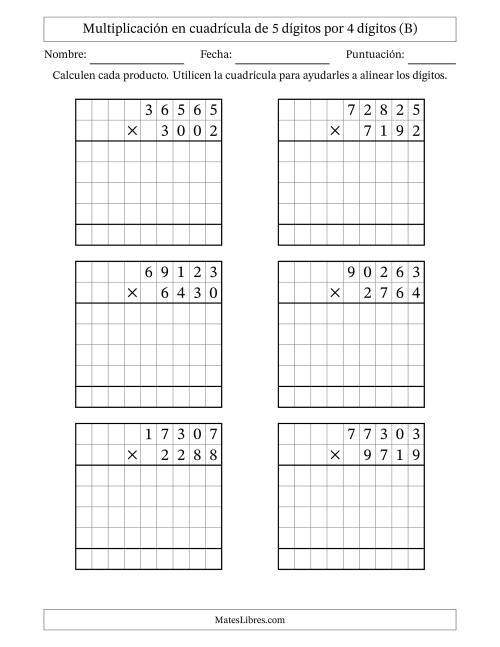 La hoja de ejercicios de Multiplicación con apoyo de cuadrícula de 5 dígitos por 4 dígitos (B)