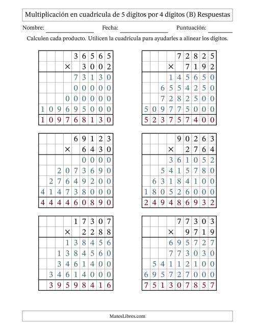 La hoja de ejercicios de Multiplicación con apoyo de cuadrícula de 5 dígitos por 4 dígitos (B) Página 2