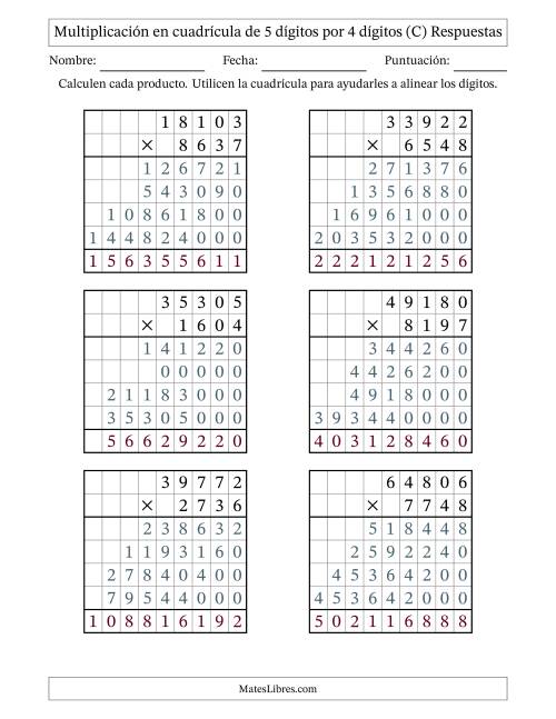 La hoja de ejercicios de Multiplicación con apoyo de cuadrícula de 5 dígitos por 4 dígitos (C) Página 2
