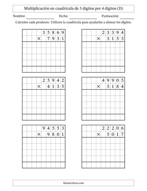La hoja de ejercicios de Multiplicación con apoyo de cuadrícula de 5 dígitos por 4 dígitos (D)
