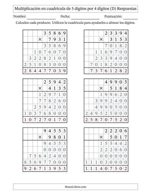 La hoja de ejercicios de Multiplicación con apoyo de cuadrícula de 5 dígitos por 4 dígitos (D) Página 2
