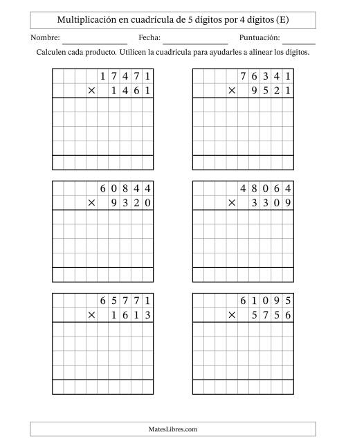 La hoja de ejercicios de Multiplicación con apoyo de cuadrícula de 5 dígitos por 4 dígitos (E)