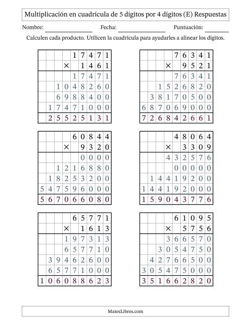 La hoja de ejercicios de Multiplicación con apoyo de cuadrícula de 5 dígitos por 4 dígitos (E) Página 2