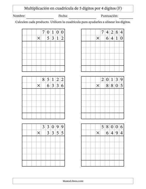 La hoja de ejercicios de Multiplicación con apoyo de cuadrícula de 5 dígitos por 4 dígitos (F)