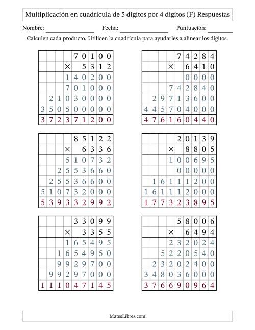 La hoja de ejercicios de Multiplicación con apoyo de cuadrícula de 5 dígitos por 4 dígitos (F) Página 2