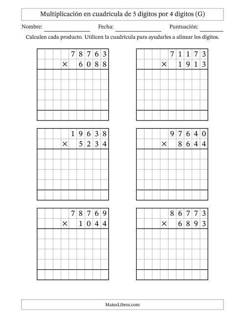 La hoja de ejercicios de Multiplicación con apoyo de cuadrícula de 5 dígitos por 4 dígitos (G)