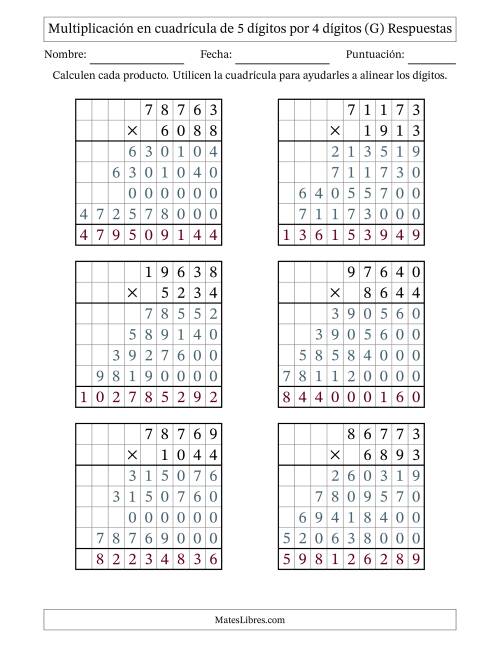 La hoja de ejercicios de Multiplicación con apoyo de cuadrícula de 5 dígitos por 4 dígitos (G) Página 2