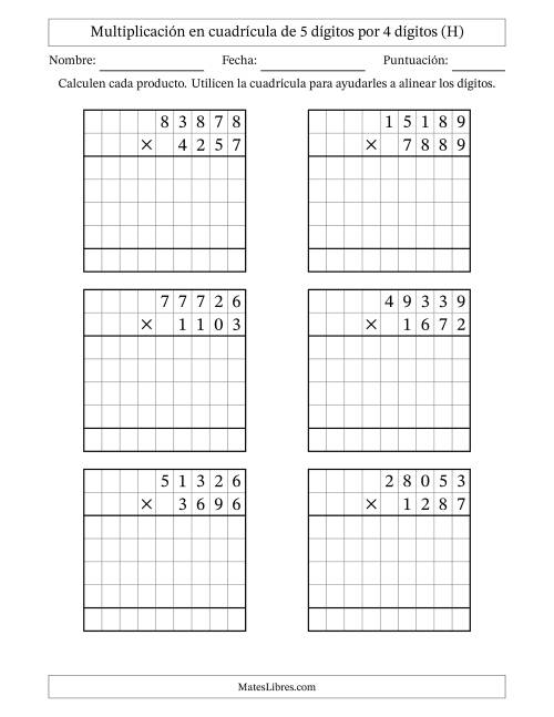 La hoja de ejercicios de Multiplicación con apoyo de cuadrícula de 5 dígitos por 4 dígitos (H)