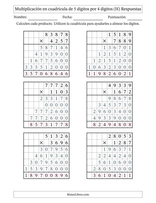 La hoja de ejercicios de Multiplicación con apoyo de cuadrícula de 5 dígitos por 4 dígitos (H) Página 2