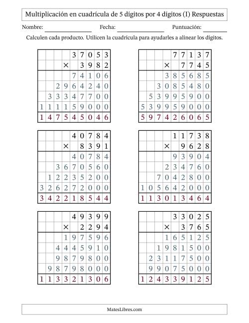La hoja de ejercicios de Multiplicación con apoyo de cuadrícula de 5 dígitos por 4 dígitos (I) Página 2