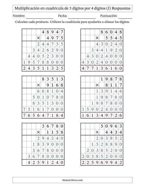 La hoja de ejercicios de Multiplicación con apoyo de cuadrícula de 5 dígitos por 4 dígitos (J) Página 2