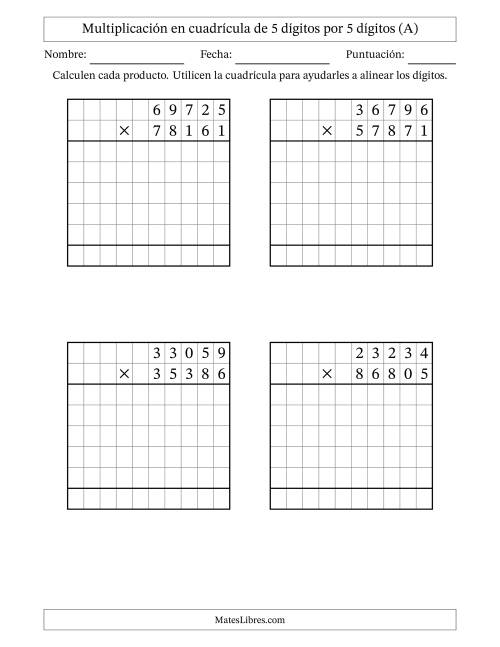La hoja de ejercicios de Multiplicación con apoyo de cuadrícula de 5 dígitos por 5 dígitos (A)