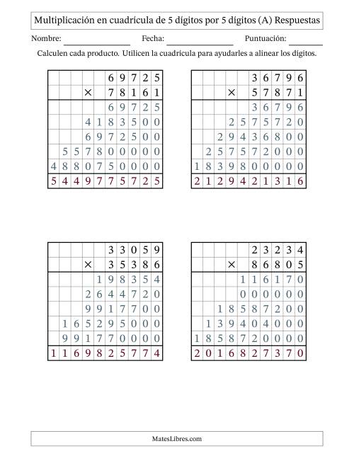 La hoja de ejercicios de Multiplicación con apoyo de cuadrícula de 5 dígitos por 5 dígitos (A) Página 2