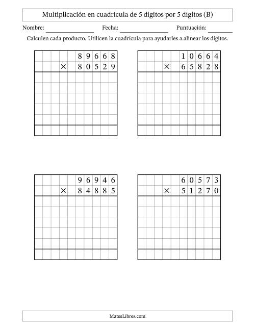 La hoja de ejercicios de Multiplicación con apoyo de cuadrícula de 5 dígitos por 5 dígitos (B)