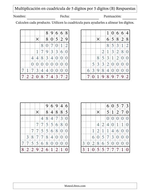 La hoja de ejercicios de Multiplicación con apoyo de cuadrícula de 5 dígitos por 5 dígitos (B) Página 2