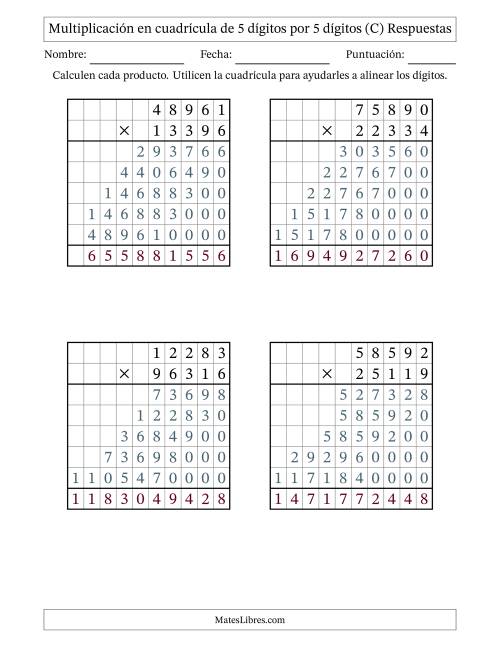La hoja de ejercicios de Multiplicación con apoyo de cuadrícula de 5 dígitos por 5 dígitos (C) Página 2