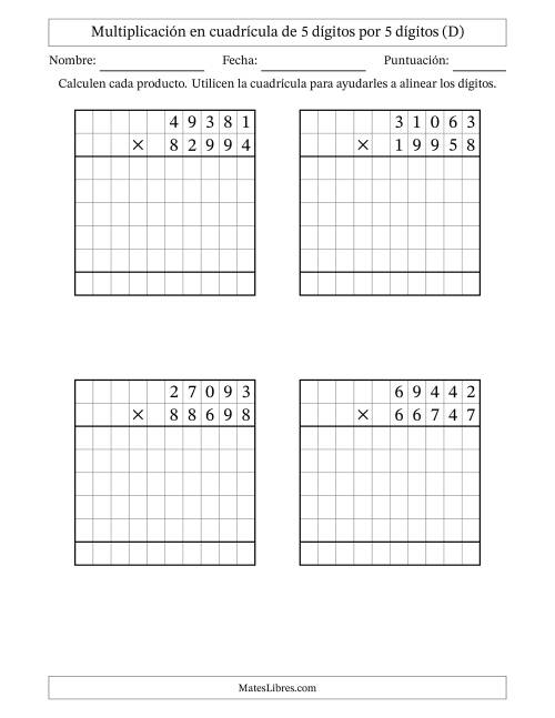 La hoja de ejercicios de Multiplicación con apoyo de cuadrícula de 5 dígitos por 5 dígitos (D)