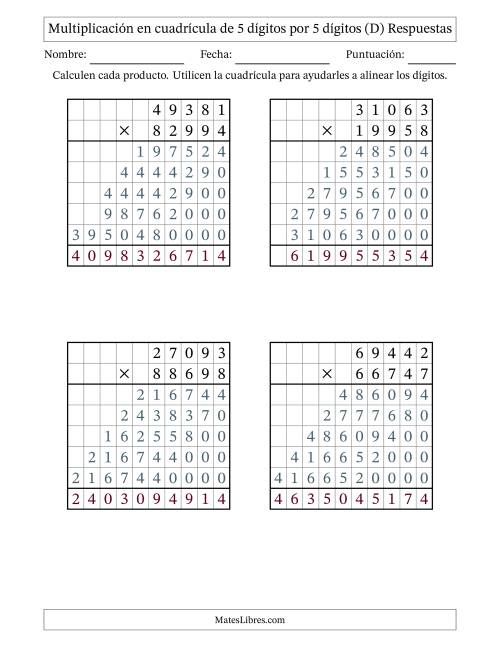 La hoja de ejercicios de Multiplicación con apoyo de cuadrícula de 5 dígitos por 5 dígitos (D) Página 2