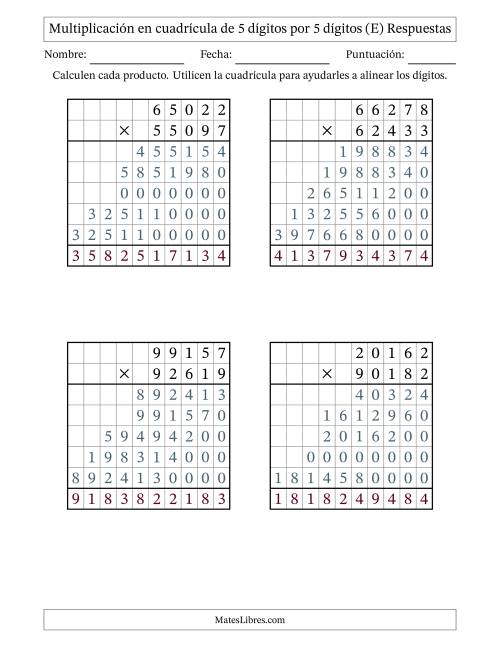 La hoja de ejercicios de Multiplicación con apoyo de cuadrícula de 5 dígitos por 5 dígitos (E) Página 2
