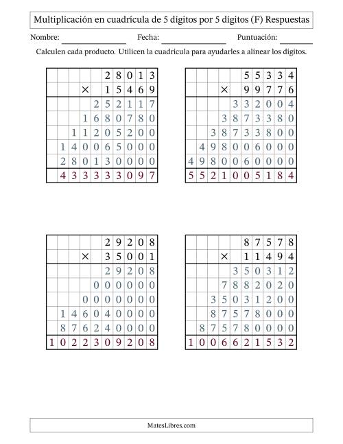 La hoja de ejercicios de Multiplicación con apoyo de cuadrícula de 5 dígitos por 5 dígitos (F) Página 2
