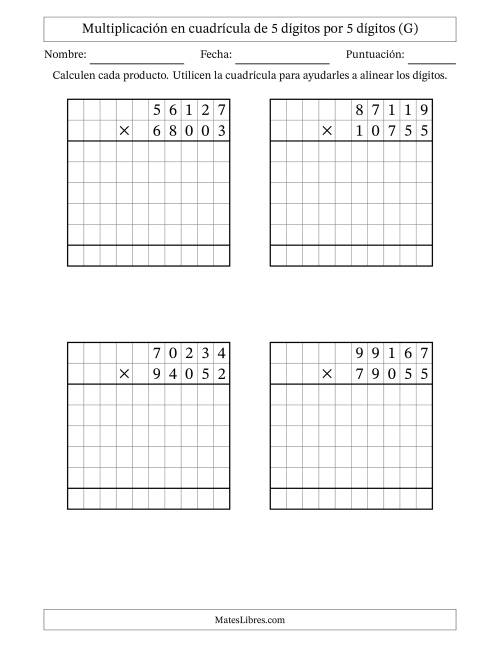 La hoja de ejercicios de Multiplicación con apoyo de cuadrícula de 5 dígitos por 5 dígitos (G)