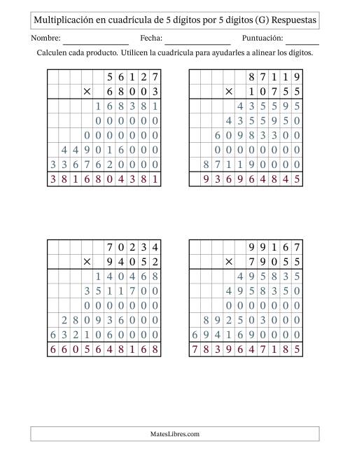 La hoja de ejercicios de Multiplicación con apoyo de cuadrícula de 5 dígitos por 5 dígitos (G) Página 2