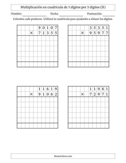 La hoja de ejercicios de Multiplicación con apoyo de cuadrícula de 5 dígitos por 5 dígitos (H)