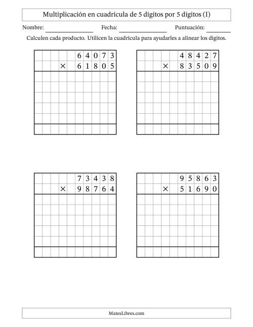 La hoja de ejercicios de Multiplicación con apoyo de cuadrícula de 5 dígitos por 5 dígitos (I)